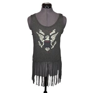 Idyllwind Fringe Boho Tank Top USA Eagle Graphic Patriotic Gray Women's L B-38"